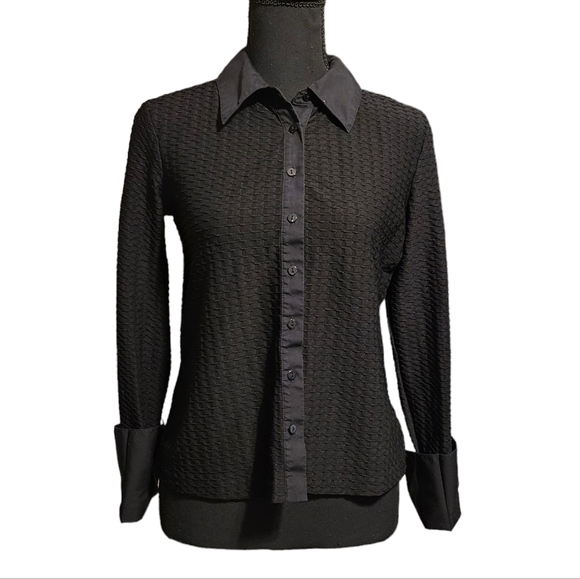 Apostrophe Stretch Black Button Up Top 96% Polyester 4% Spandex Size M - Picture 1 of 8